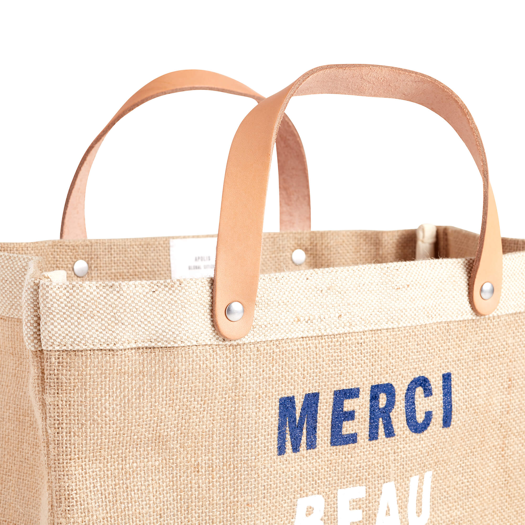 Market Bag in Natural for Clare V. “Merci Beau Coup” with Heart Embroi