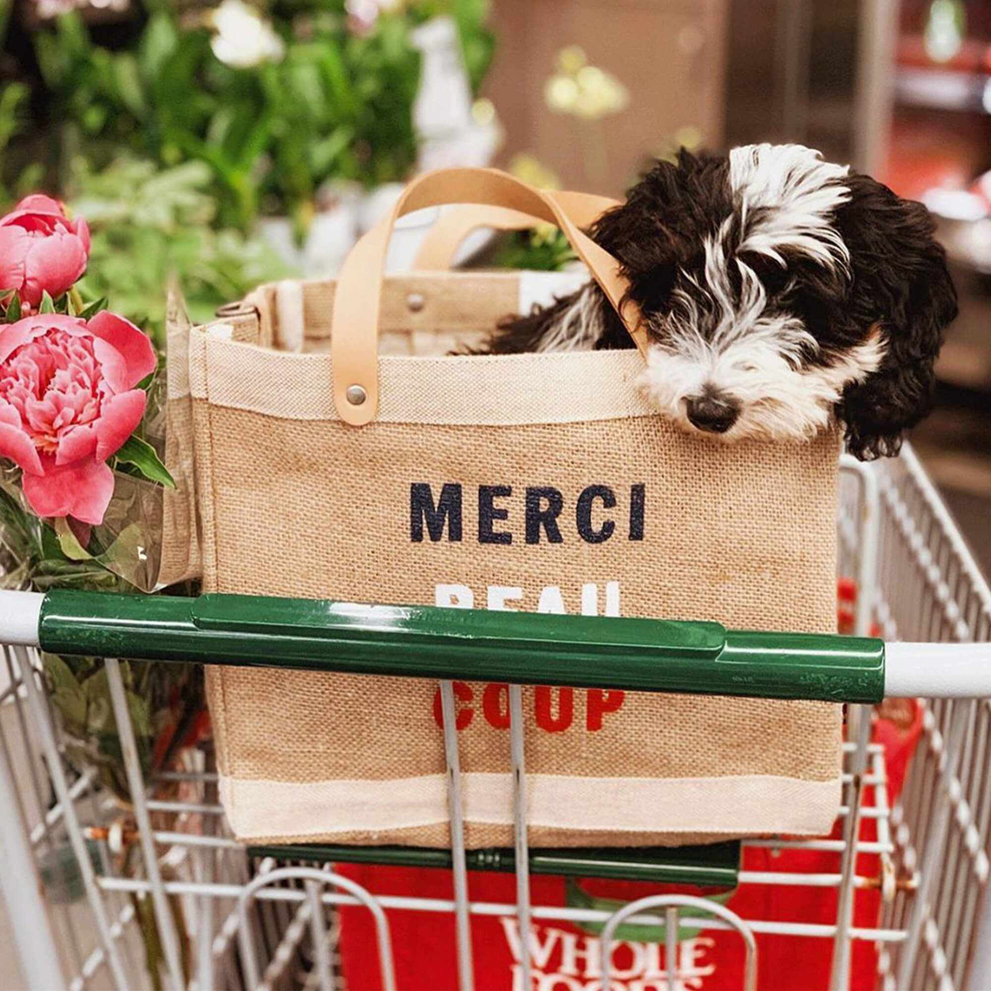 Market Bag in Natural for Clare V. “Merci Beau Coup” with Heart Embroi